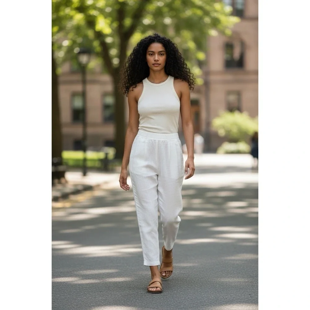 BABATON Size 8 White Cohen Linen Blend Crop Pleated Front & Elastic Pants NWOT